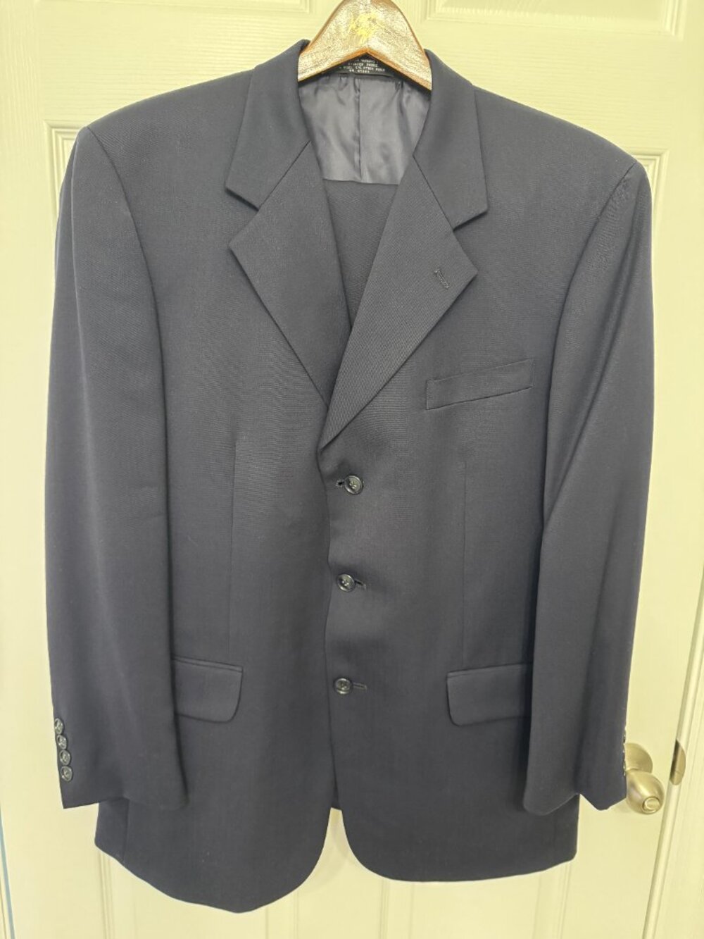 Albert Nipon Navy Blue 100% Wool 2pc Suit Jacket Pants Golden Fil USA Made 42R